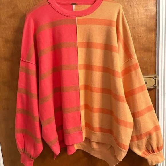 Free People Uptown Stripe Oversized Slouchy Pullover Sweatshirt Orange Pink XS - Picture 1 of 7